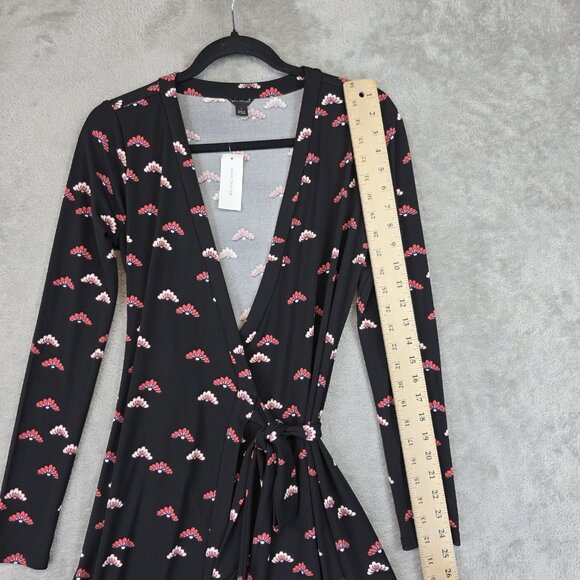 Ann Taylor Dress Womens 2 Black Floral Wrap V Neck Tie Waist Long Sleeve Jersey - Picture 9 of 12